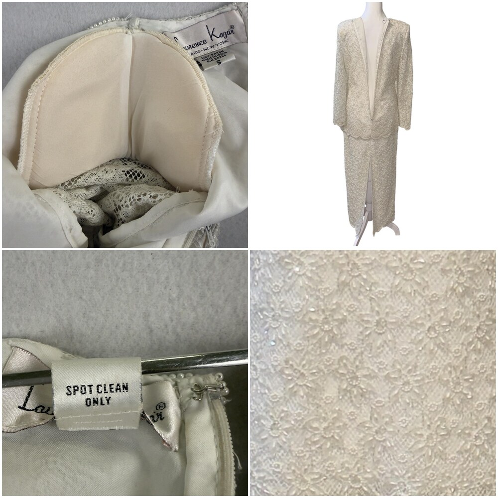 Vintage 80s LAURENCE KAZAR Hand Beaded Lace Maxi Sheath Gown White Size S Bridal - Picture 15 of 16
